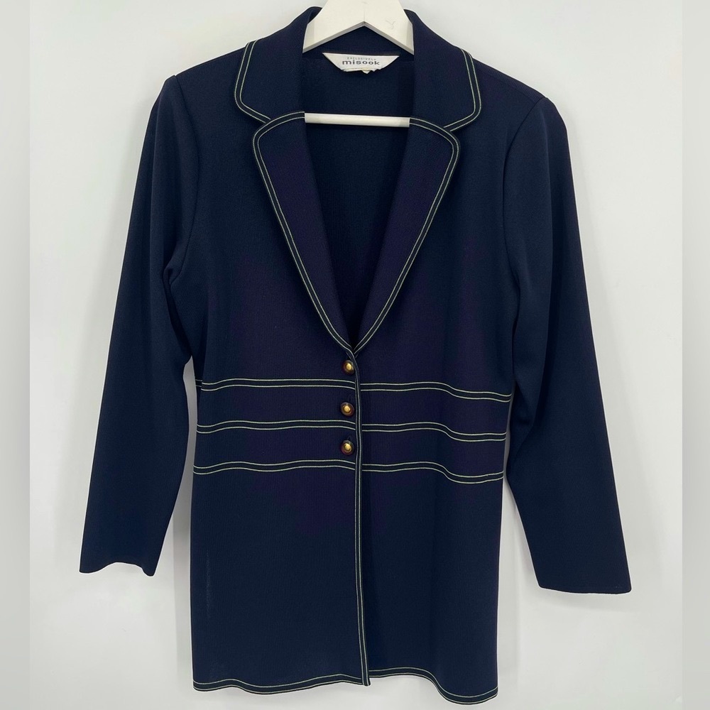 Misook Knit Blazer Button Up Jacket Navy with Yellow Contrast Size Small